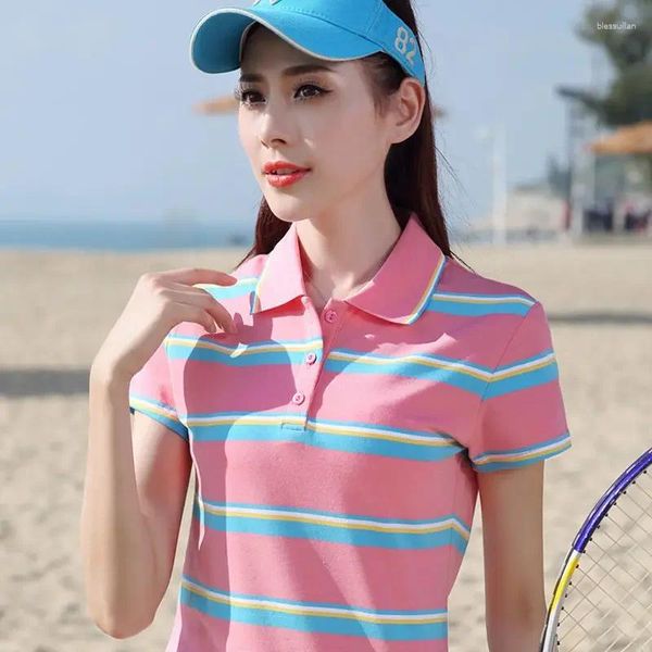 Vêtements de polos pour femmes Tops T-shirt noir rayé femme Polo Couge de cou Polo pour femmes T-shirt à manches courtes tendance de style coréen rose y2k mode V
