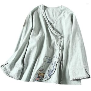 Damespolo's katoen en linnen geborduurd v-hals shirt dames 2023 lente Chinese stijl diagonale gesper retro short top