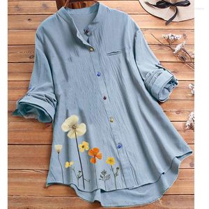 Damespolo's katoenen linnen shirt blouse voor vrouwen 2024 lente zomer bloemendruk kleurrijke knoppen lange mouwen groot formaat tops vintage vintage