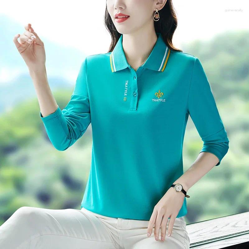 Frauenpolos Baumwolle Langarm T-Shirt Stilvolle Blusen Tops Solid Color Casual Sports Top Elegante Polo-Hemden Frau Pullovers