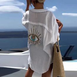 Polos pour femmes Evil Eye Casual Sequin Shirted Spring Geometric Eye Shirt Shirt Assy Shirt Bouton Summer Long Shirtl2405
