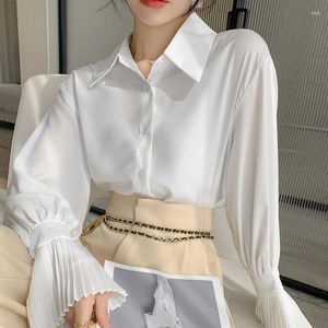 Damespolo's Mode Vrouw Blouse 2023 Franse vintage geplooide wijd uitlopende mouwen Elegant wit overhemd Lange mouwen woon-werkverkeer Top Camisas