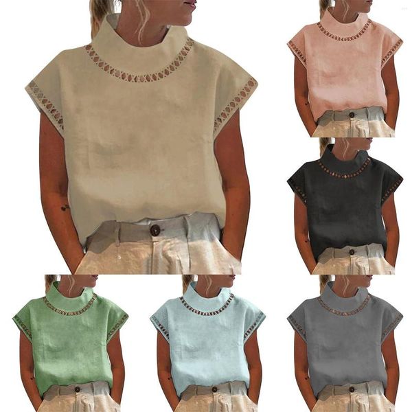 Polos pour femmes Caraco ajusté Tunique Longueur hauts pour femmes Couleur unie pour femmes Évider Col haut Coton Lin Cap Sleeve Top