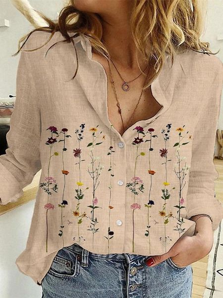 Bouton d'impression de fleurs de polos pour femmes t-shirt Femmes Vintage à manches longues Top Femme Streetwear Col à col