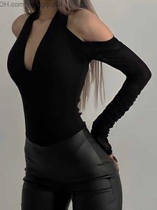 Polos pour femmes HEYounGIRL épaule dénudée col en V noir Vêtement moulant collants dos nu pour femmes sexy basique Vêtement moulant vêtements à manches longues Z230713
