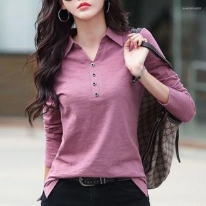 Polos femme HI-FASHION femmes automne coton bouton T-Shirt coréen Harajuku revers bureau à manches longues femme grande taille hauts t-shirts chemise