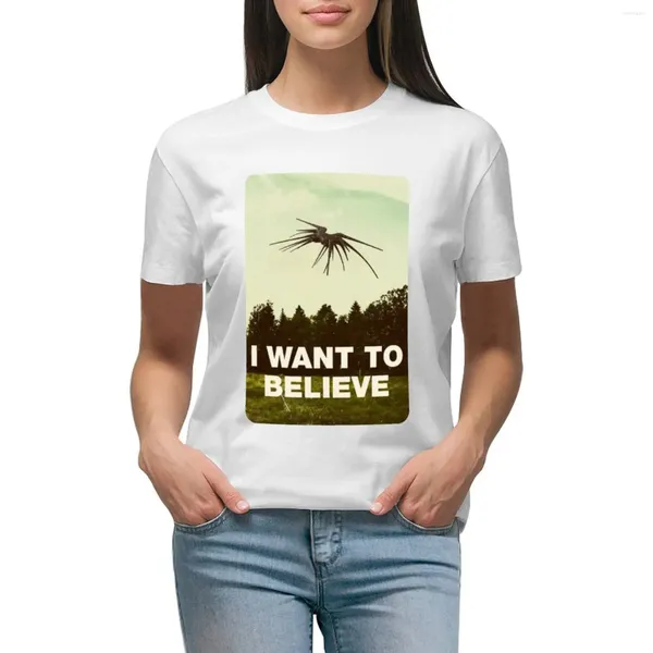 Polos féminins Je veux croire - T-shirt White Sci-Fi UFO Vêtements hippies surdimensionnés plus hauts