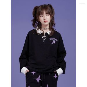 Damespolo's Japanse Harajuku Girls Black Sweet Cool Rose geborduurd losse lange mouw T-shirt Fall Winter chic streetwear