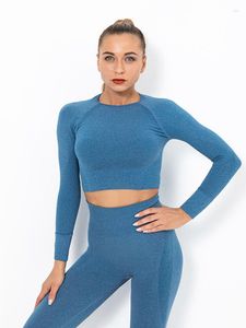 Polos pour femmes en tricot à manches longues Yoga Sexy Crop Tops Gym Shirt Workout Sport Top Fitness Chemises Séchage rapide Running Training Solid Wear