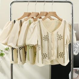 Dames PoloS Korean Chemise Femme Fashion Crochet Hollow Stitching gebreide vest 2023 Zomerige korte mouw damestoppen en blouses
