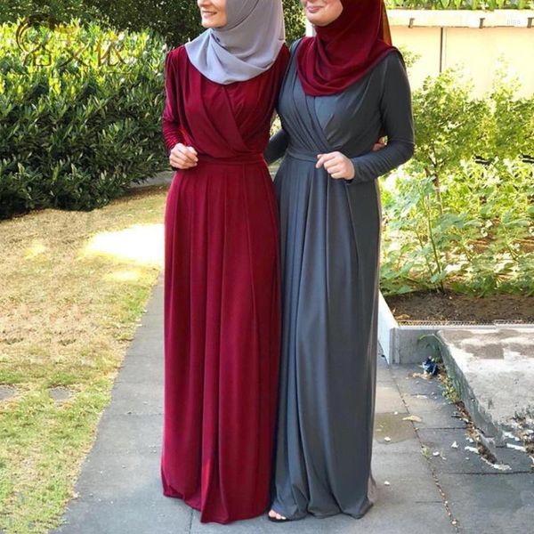 L5YC Femme Musulman Manches Longues Abaya Maxi Robe Croix Ruché Col V Ceinture Taille Haute Robe Plissée Ramadan Dubai Hijab Kaftan