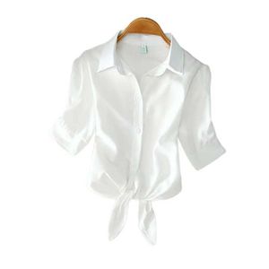 Dames PoloS Leisure White Shirt Summer Dames Elegante vaste knop Korte mouwen shirt Modieuze vlinder riem taille kantoor dames top 19870L2405