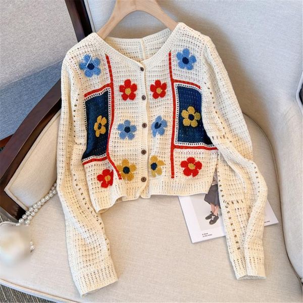 Femmes Polos Lâche Manches Longues Chandail Tricoté Manteau Creux Floral Crochet Cardigan Pour Femmes