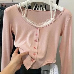 Women's Polos Pink T-shirts Women Slim Sweet College Fashion Korean Spring Soft Leisure Cropped Spliced Designed 2023 Arrival Daily Casual