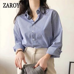 Polos pour femmes Plazson Classic Striped Woman Spring Autumn Blouses Shirt Womens Long Lantern Sleeves Stand Up Neck Loose Blusas Topl2405