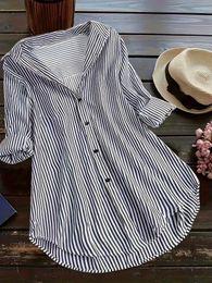Tops de taille plus féminine pour femmes pour femmes longs SLVE Casual Striped Print Bouton Shirts Loose Turn Down Collar Blouses T240505