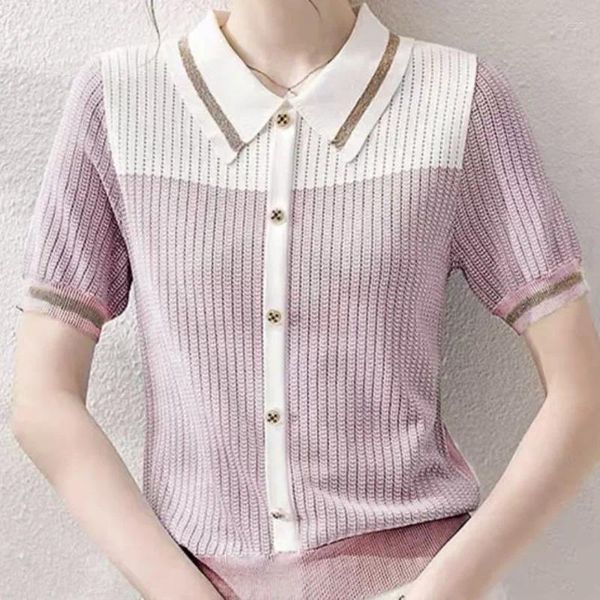 Tableau de col polos de polos pour femmes pour femmes Baggy rose tricoté kawaii mignonne femme t Vêtements Trend 2024 Poulocage de style coréen en été