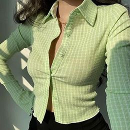 Dames Polos Polo Shirt Y2K Zevenpuntige Top Cardigan Sportstijl Sub-shirt Lange mouwen Lapel Solid Color Sexy Casual Green Retro Slim