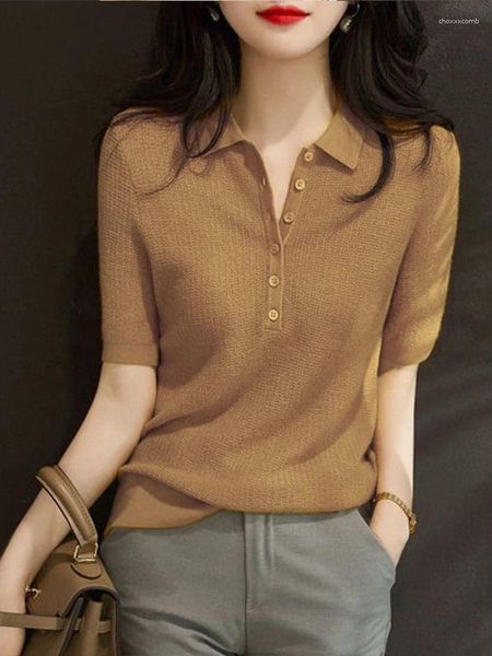 Polos Polos pour femmes Polos tricotés T-shirt Slim Button Plain T-shirts Korean Style Casual Tops Ventes Ventes Trend 2024 Basique