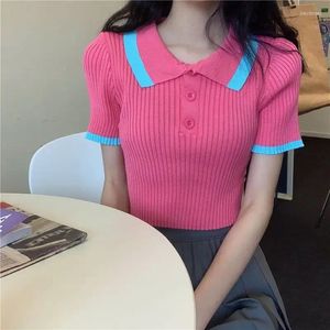 Polos Polos pour femmes Tricote Kawaii Button mignon Sexy Crop Top T-shirts rose Vente Vente Femme Tee Pretty Polyester Offire