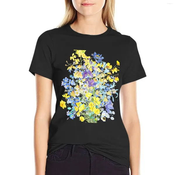 Polos de mujer, camiseta de acuarela con ramo de flores púrpura, azul y amarillo, ropa de Anime, blusas de verano 2024