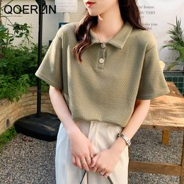 Dames Polos Qoerlin Matcha Green Waffle korte mouw T -shirt vrouwen zomer losse top casual shirts polo golf vrouw blouses 230330