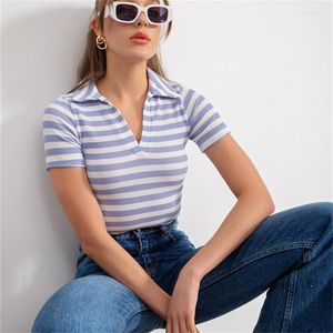 Dames Polos Retro Blue Stripe Dames Tops zomer Y2K Polo Neck Shirt Short Sleeve V Slim Blouse Koreaanse Fashion Girls Party kleding