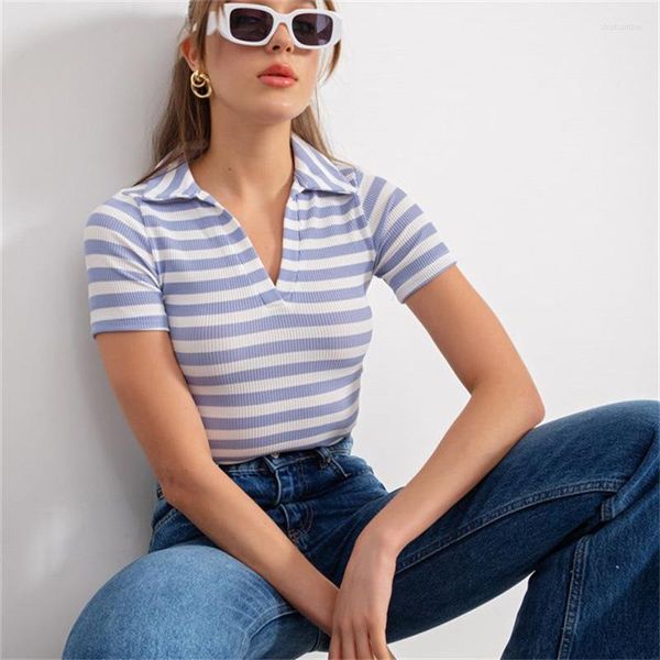 Polos Femmes Rétro Blue Stripe Femmes Tops Été Y2K Polo Col Chemise À Manches Courtes V Slim Blouse Coréenne Mode Filles Vêtements De Fête