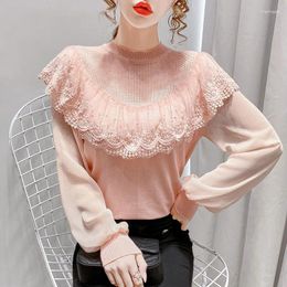 Dames PoloS Round Neck Lace Sweater Spring en Autumn Patchwork Slim Chiffon Loose Inner Wear Bottoming Shirt Top