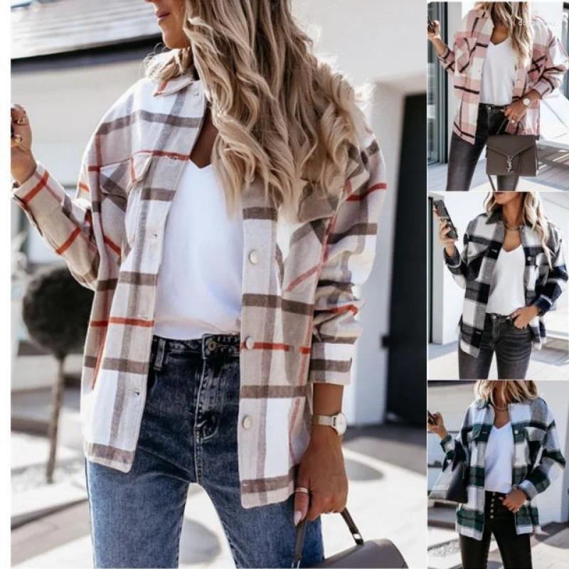 Women's Polos Selling European And American Clothing Plaid Long Sleeved Jacket Shirt Top