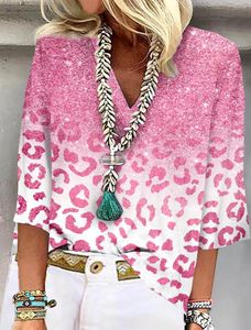 Damespolo's shirt blouse roze blauw paarse luipaardprint 3/4 lengte mouw casual basi neon heldere v nek normale pasvorm