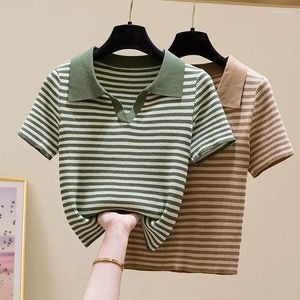 Dames Polo's Korte mouw T-shirt Top Striped kleding Gebreide T-shirt Vrouw Tops Polo Neck Shirts For Women Luxury Luxe Cute Youth Summer 2024 V