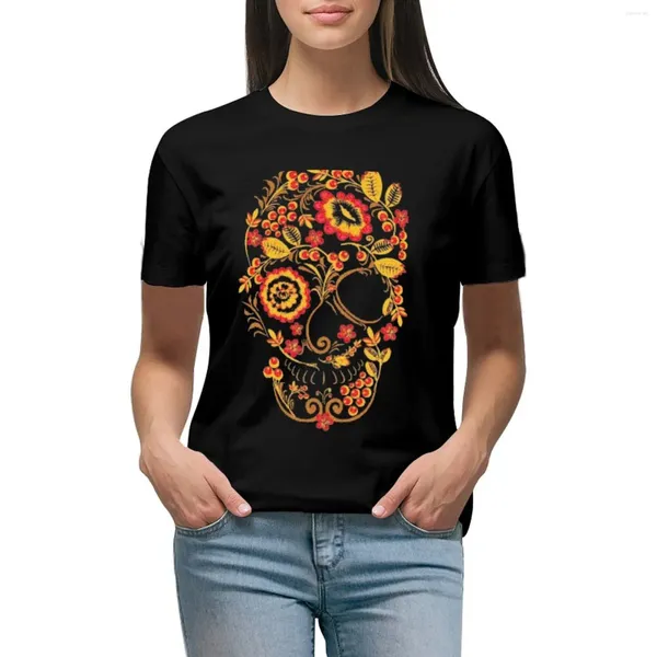 Polos de azúcar para mujeres Flores de cráneo Camiseta Vintage Camiseta Camas Mujeres Mujeres