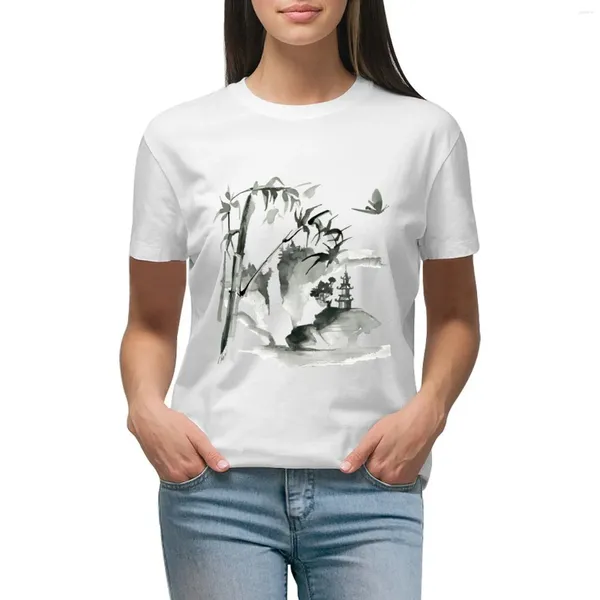 Polos de mujer Sumi-e, camiseta con pintura de tinta japonesa con paisaje de bambú, ropa Kawaii, camisas de entrenamiento de gran tamaño para verano