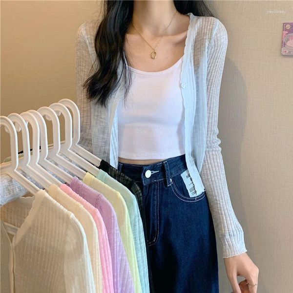 Polos pour femmes été pur doux à manches longues mince crème solaire tricoté Cardigan version coréenne Polo haut pour femme