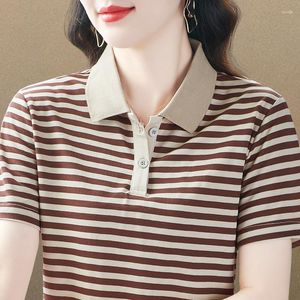 Polos femme T-shirt femme été 2023 col rayure manches courtes mode coréenne haut ajusté POLO chemise Mujer
