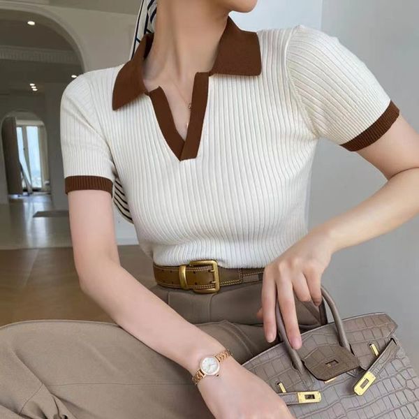 Polos pour femmes Vintage T-shirt tricoté Polos Y2k Tops Manches courtes Slim Korean Fashion Plus Size Luxury Designer Wear 230330