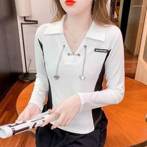 Damespolo's Witte T-shirts Lange mouw Polokraag Kleding Shirt Crop V Koreaanse stijl Aanbieding Synthetisch Schattig Topkatoen