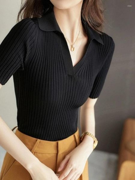 Femmes polos femme t shirt simple slim tricot noir polo cou femmes tops décontractés vêtements coréens vêtements esthétique synthétique de base