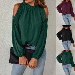 Damespolo's Dameskleding Ruffled Neck Off Schouder Tops Autumn Winter Office Lady Long Sleeve Stijlvol pendelen Solid Color T-shirt