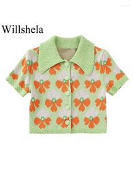 Damespolo's Women Fashion Floral Gedrukte enkele borsten gebreide Polo shirts Vintage revershals korte mouwen vrouwelijk chic