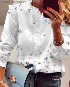 Polos femmes mode élégante papillon imprimé petit haut à volants décoration décontracté à manches longues chemise en dentelle Z230713