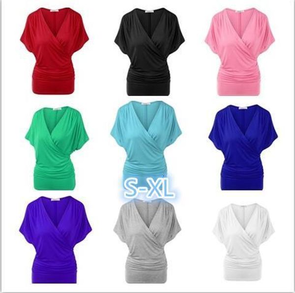 Polos femmes femmes été t-shirt froncé col en v chauve-souris manches courtes t-shirt solide décontracté ample femme hauts t-shirts 230330