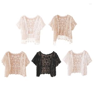 Polos pour femmes Glands en dentelle boléro haussement d'épaules à manches courtes Sheer Crochet Floral Crop Cardigan