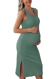 Vestido de mujer embarazada, chaleco sin mangas de punto acanalado, vestido de cuerpo cosido lateral, ropa informal de embarazo para Baby Shower de verano 240111
