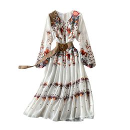 Vrouwen print bloemen bohemen etnische stijl lange mouw met riem midi lange chiffon jurk MLXLXXL