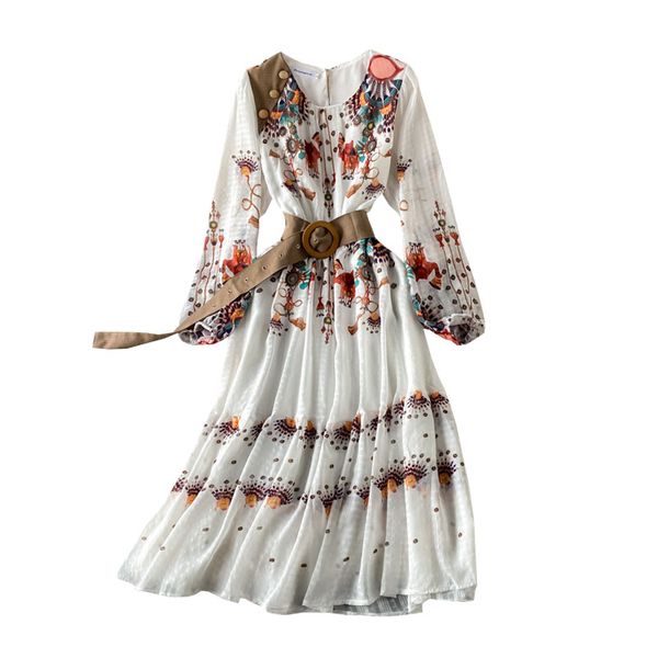 Femme imprimé fleuri bohème style ethnique manches longues avec ceinture midi longue robe en mousseline de soie MLXLXXL