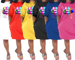 Damesprint Lippenjurk Ronde hals Korte mouw Losse Casual Lange T-shirt Midi-jurken Grote maten S-3XL