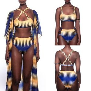 Dames Bedrukte 3 Stuks Hoge Taille Bikini Badpak Maxi Cover up Zwemkleding met Rash Guards Strand Kimono Badpak Rood Blauw S-XL