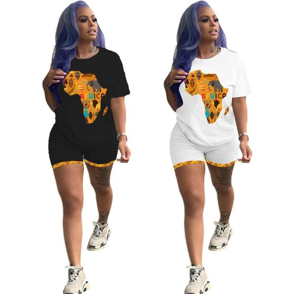 Conjunto de camiseta y pantalones cortos de manga corta con cuello redondo y mapa africano de dos piezas estampado para mujer, chándal de moda de verano 2021